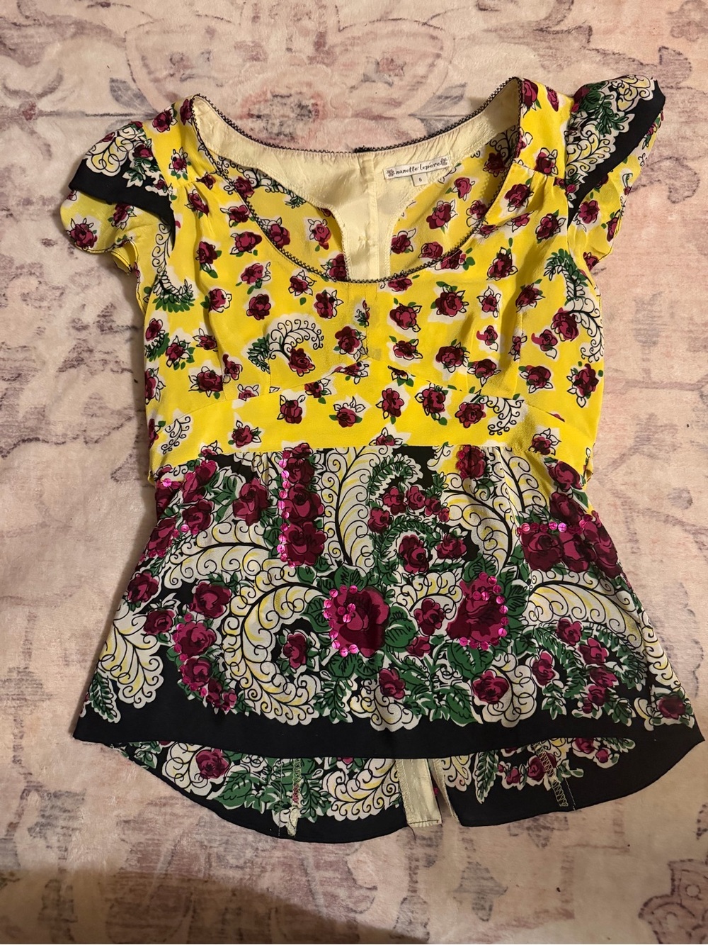 Nanette Lepore Yellow Floral Peplum Blouse with Pink Rose Print